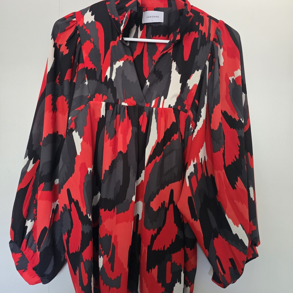 Chico's Red and Black Graphic Blouse with Balloon Sleeves